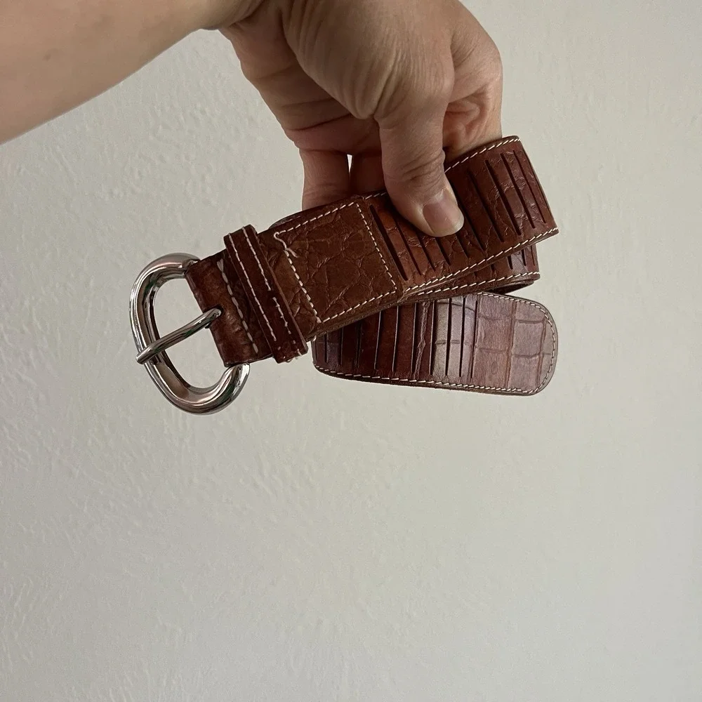 Vtg 90s Ann Taylor Brown Leather Croc Embossed Belt Silver Buckle Size Small
